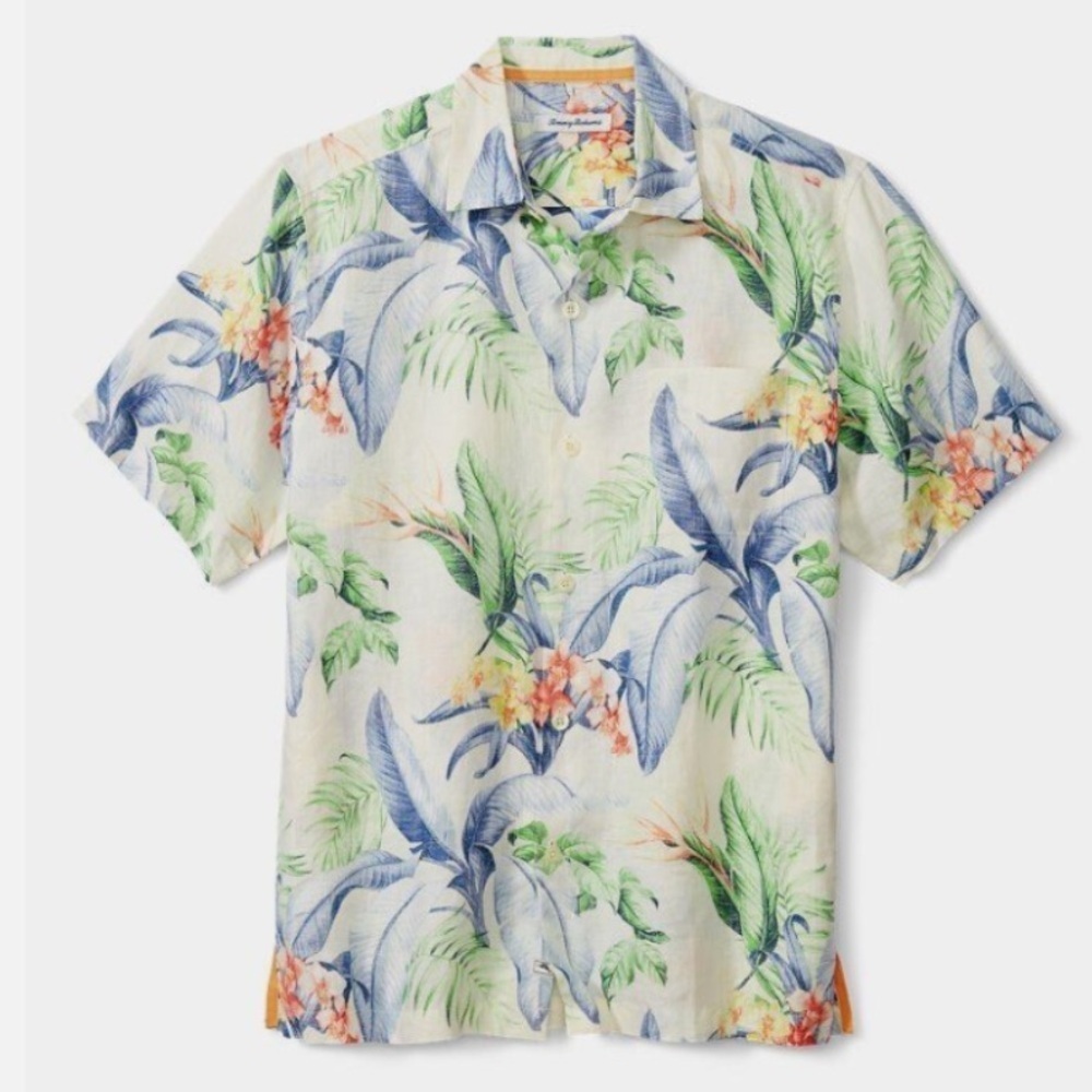 Tommy Bahama Tropical Print Shirt - Green and Orange Accents - Picture 2 of 13